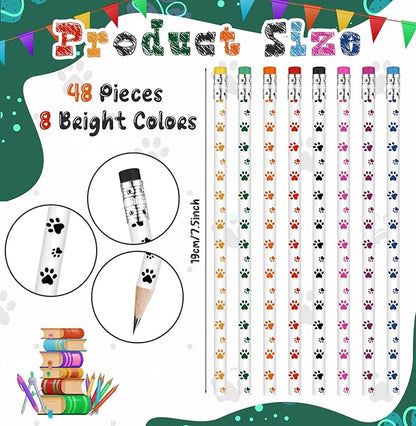 48 Pcs Paw Print Pencil 8 Color Pencils Party Favors for Kids Wooden Writing Novelty with Erasers Dog Party Favors Fun School Supplies and Reward Prizes