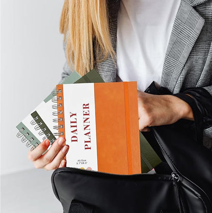 Undated Daily Planner,Undated Planner with Hourly Schedules, Daily Organizer Notebooks for work, Spiral Appointment Planner for Men and Wome, To Do List Notebook for Time Management, Elastic Closure, Pocket(Orange)
