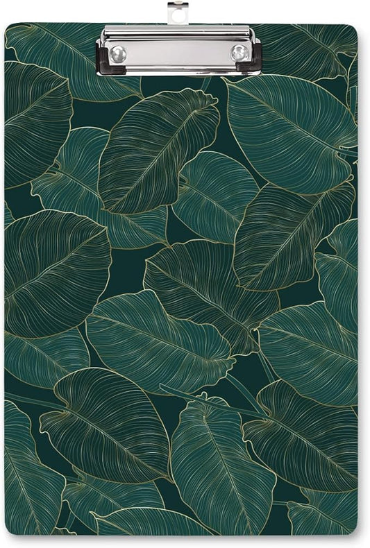 WAVEYU Fashion Cute Clipboard, Decorative Office School Hardboard Wood Nursing Clip Board for Standard A4 Letter Size for Students, Women, Men and Kids, 12.5"x 9", Green Leaves