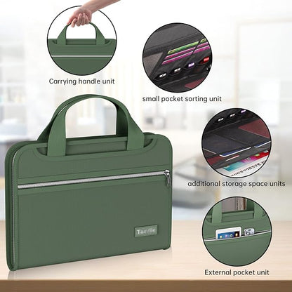 Tamfile Fireproof Accordion File Organizer with Handle, 13 Pocket Expanding File Folder with Zipper & Labels, File Folder with Multi-Pockets Paper Organizer Folder for Letter A4 Files, Green