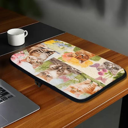 Cat Floral Printed Computer Case Bag for Girls Boys, Washable 17 Inch Laptop Bag Carrying Case Cute Laptop Briefcase Neoprene with Zipper, Compatible with Various Computers