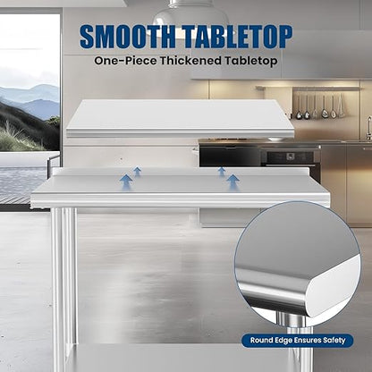 Stainless Steel Table 30 x 30 Inches Metal Prep Table with Backsplash & Adjustable Undershelf, Stainless Table for Commercial Kitchen, Outdoor, Restaurant, Hotel & Garage