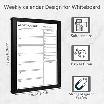 Dry Erase White Board Weekly Calendar Board, Magnetic Whiteboard for Wall,13“x17 Solid Wood Black Framed Message Board, Planner Board for Office, Home, School（Weekly-BB-BK-3343