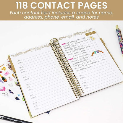 bloom daily planners New Address Book with Alphabetical Tabs - Hardcover Contact Book & Password Book Organizer for Addresses, Phone Numbers & More (6” x 8.25”) - Black & Gold Embroidery