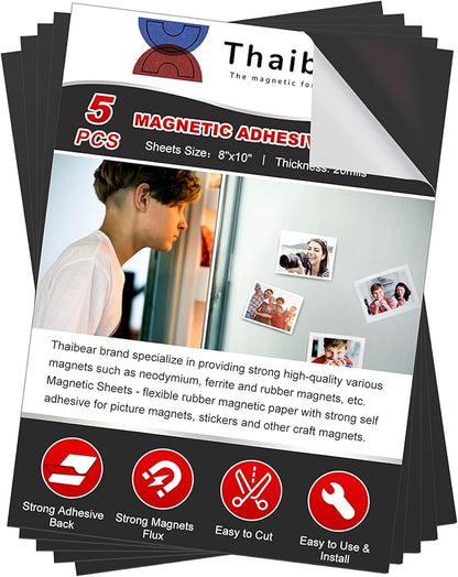 Magnetic Sheets with Adhesive Backing, 8" x 10", 5 Pack Flexible Magnet Sheets with Adhesive for Crafts, Photos and Die Storage - Peel and Stick Magnetic Tape Paper, Easy to Cut into Any Size