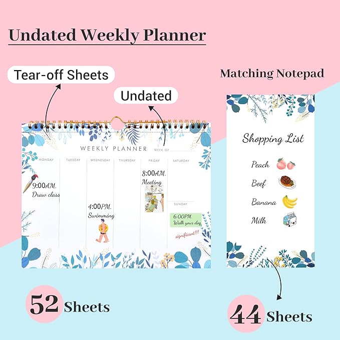 Yoment Weekly Planner Notepad 8.5x11 Weekly To Do List Notepad 52 Weekly Desk Planner Calendar Hangble Undated Weekly Planning Pad for Work,Home,School,Ofiice Supplies,Matching 44 Notepad,Blue