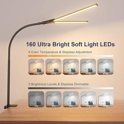 Kintion Desk Lamps for Home Office, 12W Flexible Gooseneck Smart Lighting, Ultra-Bright Extra-Wide Task Light, Study Light, Architectural Light with Clip