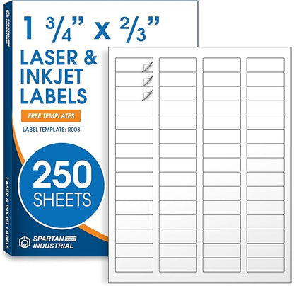 1 3/4" X 2/3" Matte White Return Address Labels Compatible with Inkjet and Laser Printers - 250 Sheets, 15000 Small Printable Stickers for Mailing, Barcodes, Organization - Spartan Industrial