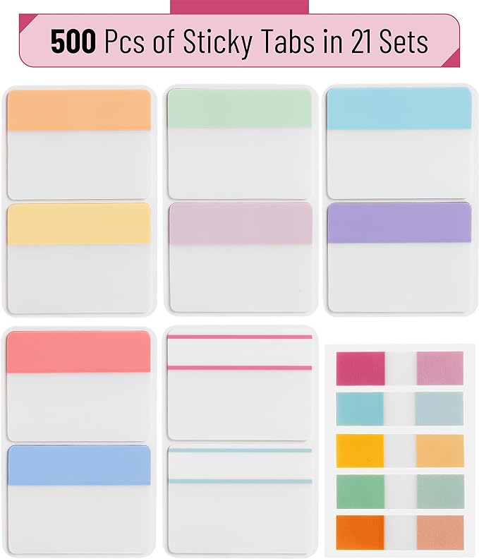Mr. Pen- Sticky Index Tabs, 500 Pcs, 21 Sets, Colorful Sticky Tabs for Notebooks, Page Markers, Page Tabs for Binders, Page Tabs Sticky Tabs for Books, Notebook Tabs, Book Sticky Tabs for Notebooks