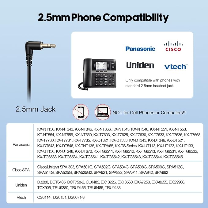 MKJ 2.5mm Telephone Headset with Microphone Noise Cancelling Wired Headphone for Call Center Office Phone Cisco SPA 303 508G Panasonic KX-TG9581 KX-TGFA30 KX-TG9541 KX-TGF380M Uniden Vtech