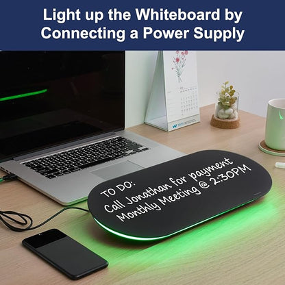 TSJ OFFICE Glass Desktop Whiteboard - 17 X 7 Inches Small Dry Erase Board with Green Light, Black Glass White Board Surface Notepad with 1 Drawer, Desk Organizers for Office, Home, School Supplies