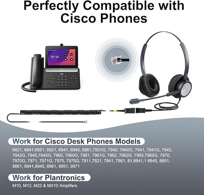 Wired Office Deskphone Landline Phone Headset with Microphone, RJ9 Noise-canceling Telephone Headset QD for Cisco IP Phone 794X 796X 797X 69XX Series & 8811,8841,8851,8861,8941,8945,8961,9951,9971...