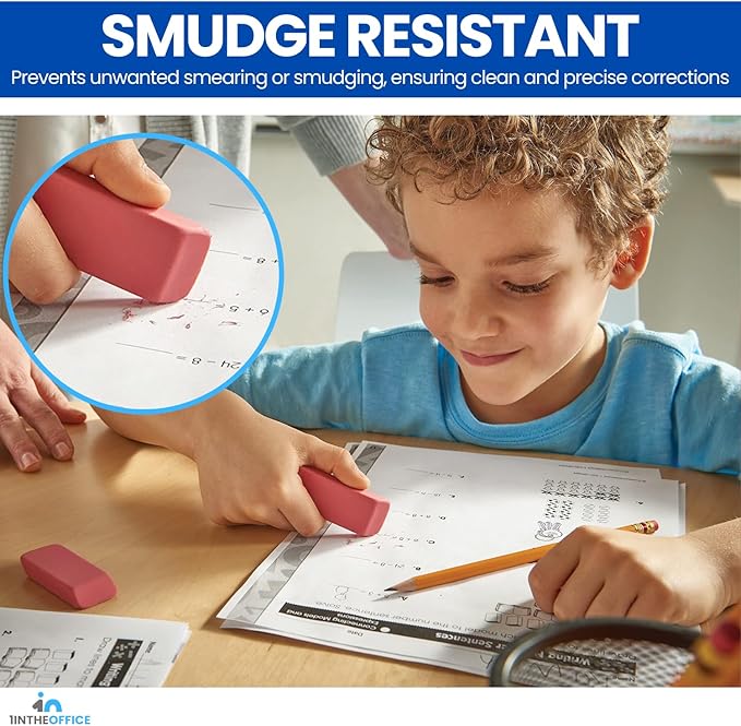 1InTheOffice Pink Erasers, Bevel Erasers, Erasers for Pencils, Large Size, Latex Free, 9 Pack