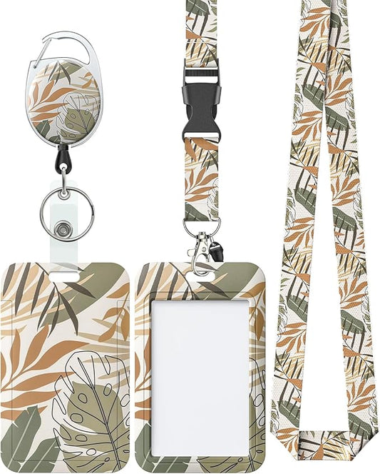 Uniclife Floral Sliding Badge Holder Monstera Leaves Plastic Case with Retractable Badge Reel Carabiner Clip and Detachable Lanyard Strap Vertical Card Protector for Women Nurse Teacher Student