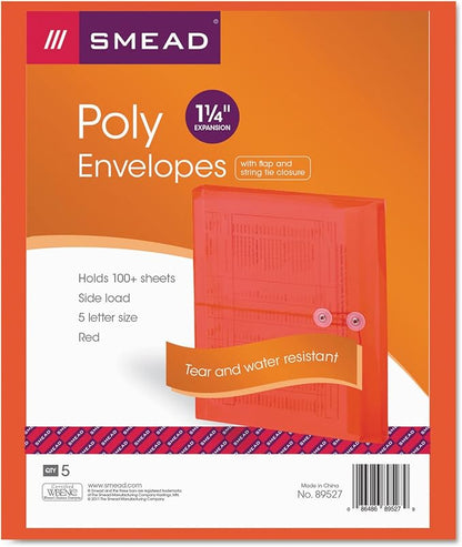 Smead Poly Envelope, 1-1/4" Expansion, String-Tie Closure, Side Load, Letter Size, Red, 5 per Pack (89527)