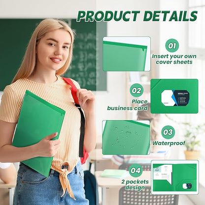 Henoyso 36 Pcs Plastic Folders with Clear Front Pockets Heavy Duty File Folders with 2 Pockets and Card Slot for Student Communication School Office Presentation Report (Green)