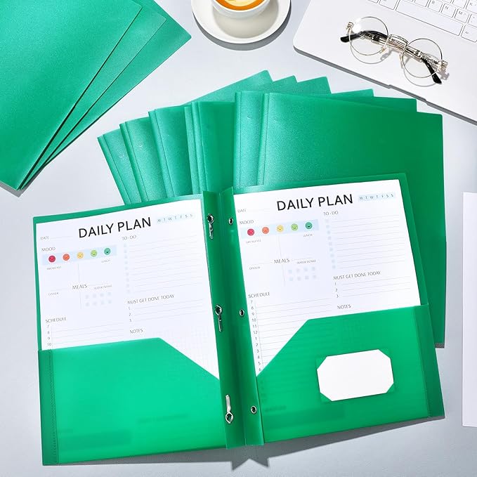Cholemy 6 Pcs Plastic Pocket Folders with Prong 2 Heavy Duty Pockets Folders with 3 Prongs Letter Size Paper Folders Bulk File Plastic Folders with Fasteners for Office Workers (Green)