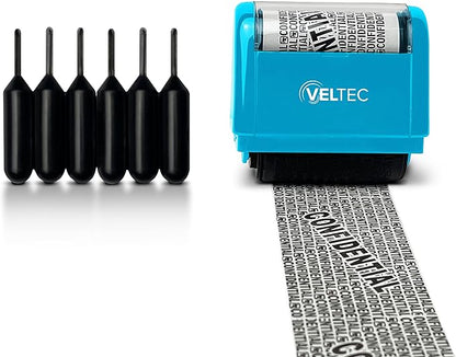 Veltec ID Protector Ink Roller - Identity Theft Protection Roller Stamp Set (Blue, Stamp+6 Refills)