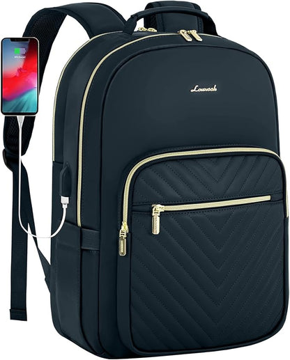LOVEVOOK Leather Backpack for Women,17.3 inch Leather Laptop Backpack Women Computer Backpack Laptop Bag,Stylish Quilted Travel Backpack Purse Work Bag Teacher Backpack with USB Port,Dark Blue-green