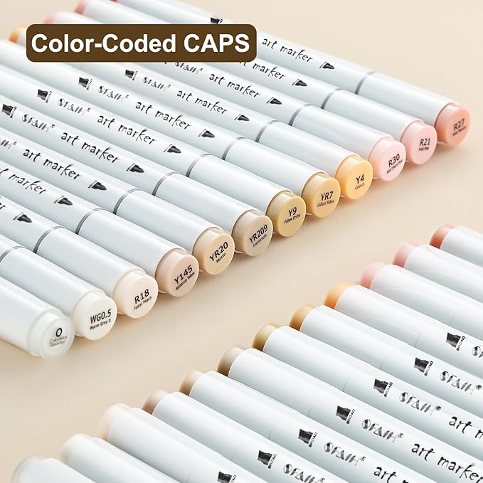 SFAIH Skin Tone Brush Tip Alcohol Markers - 12 Light Skin Colors Double Tipped Art Markers for Artist Adult Coloring Illustration, Gifts for Artist Adult, Dual Tip Brush & Chisel - Refillable Ink