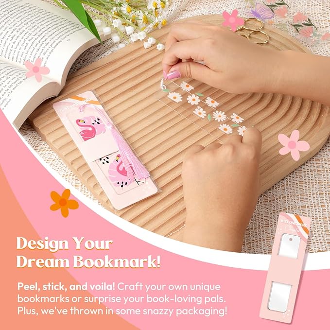 48PCS Bookmark Making Kit, 24 Acrylic Bookmark Blanks with 24Pcs Tassels, 24 UV Stickers About Flower Theme, DIY Blank Bookmarks Waterproof UV DTF Transfers Stickers for Clear Bookmarks DIY Projects