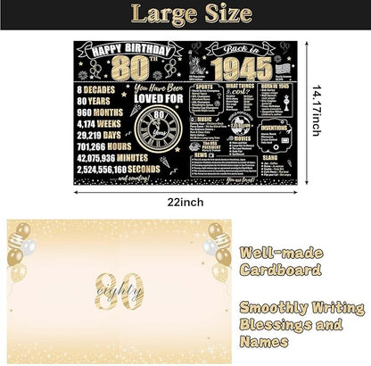 Large 80th Birthday Card With Envelope for Men Women, 1945 Black Gold Happy 80th Birthday Giant Guest Signature Book Gifts, Big Vintage 1945 80th Greeting Card Decoration Party Supplies