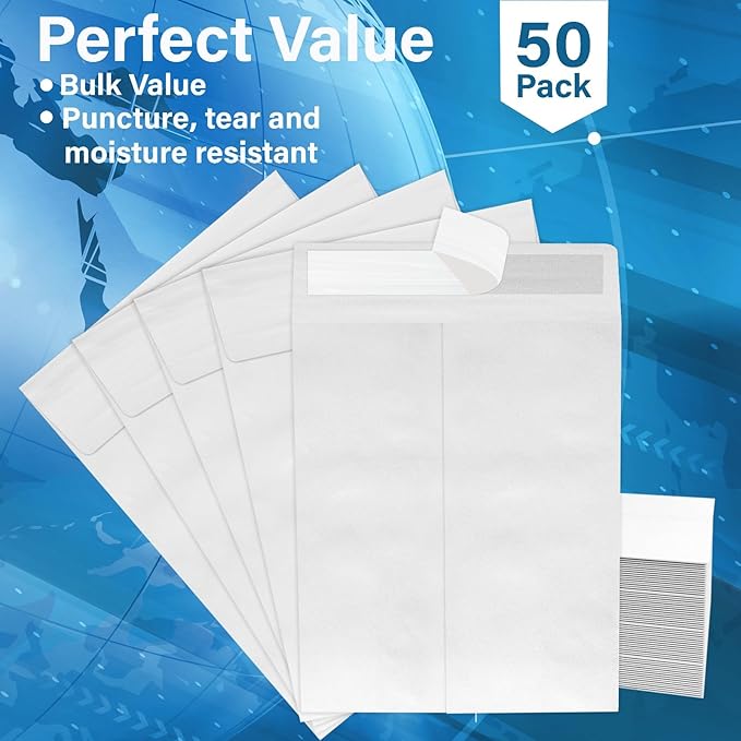 10x13 Envelopes, Tyvek Envelopes, Mailing Envelopes 10x13, Catalog Envelopes, Self Sealing Closure, Tyvek Material, 14 lb., Puncture, Tear & Moisture Resistant, Bulk (50 Pack)