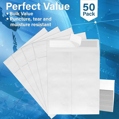 10x13 Envelopes, Tyvek Envelopes, Mailing Envelopes 10x13, Catalog Envelopes, Self Sealing Closure, Tyvek Material, 14 lb., Puncture, Tear & Moisture Resistant, Bulk (50 Pack)