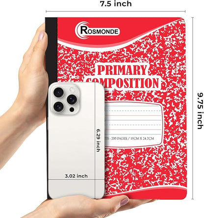 Composition Notebooks Primary Ruled, 12 Pack, 200 Pages (100 Sheets), Draw and Write Journal, Primary Composition Notebook for Kids, Grades K-2 School Supplies, Hard Cover, Assorted Colors