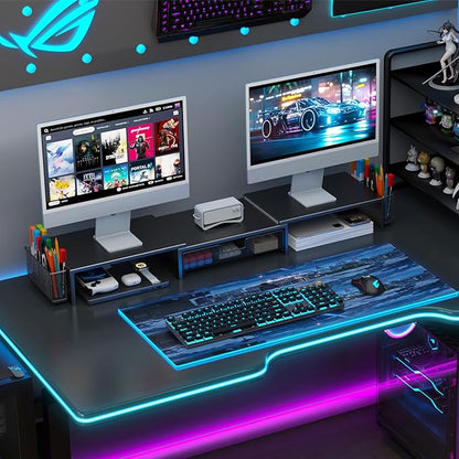 gianotter Dual Monitor Stand Riser, Desk Organizer With Drawer and 2 Pen Holders, Computer Monitor Stand, Desk Shelf for Top of Desk, Balck