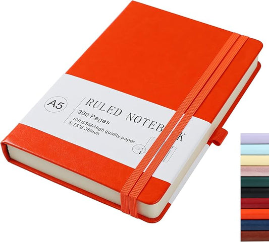 Journal Notebook Journal for Men/Women Journals for Writing A5 180Sheets 360Pages College Ruled Notebook 100gsm Lined Paper Leather Hardcover Journal 5.9'' X 8.4'' (Orange)
