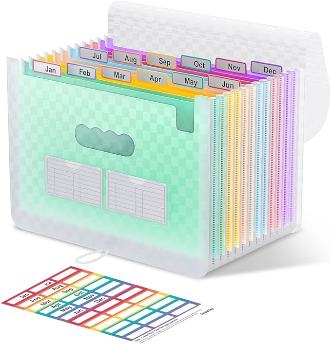 ThinkTex Accordian File Organizer, 12 Pockets Expanding File Folders, Portable Monthly Bill Receipt Organizer, Colorful Tabs, Letter/A4 Size - Green