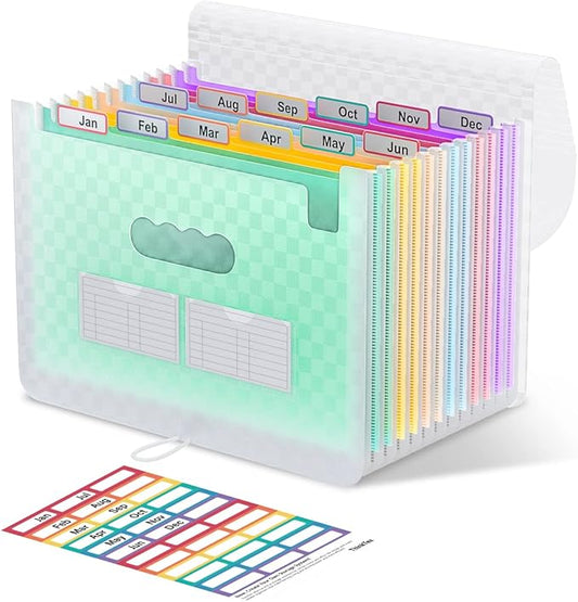 ThinkTex Accordian File Organizer, 12 Pockets Expanding File Folders, Portable Monthly Bill Receipt Organizer, Colorful Tabs, Letter/A4 Size - Green