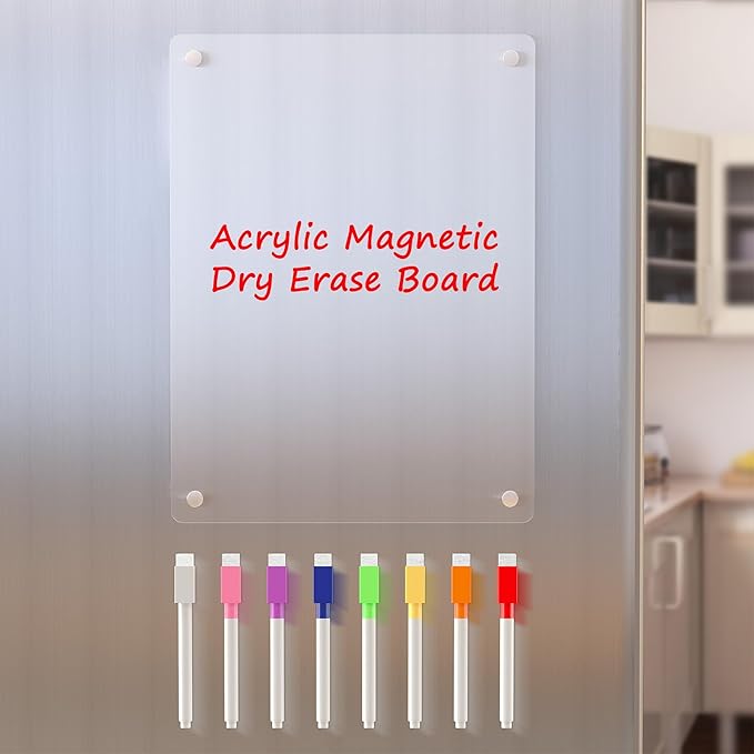Acrylic Magnetic Dry Erase Board for Fridge, Clear Whiteboard for Refrigerator, Notepad Memo to Do/Grocery List White Board, w/ 8 Colors Markers, 12"x9"