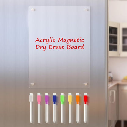 Acrylic Magnetic Dry Erase Board for Fridge, Clear Whiteboard for Refrigerator, Notepad Memo to Do/Grocery List White Board, w/ 8 Colors Markers, 12"x9"