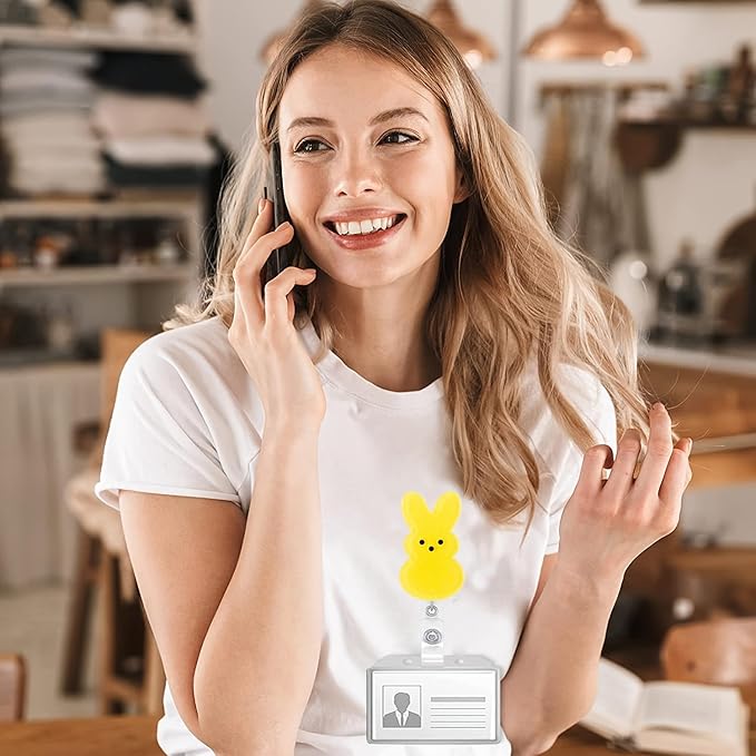 Bunny Badge Reels Easter Badge Holder Yellow Rabbit Nurse Badge Reel ID Name Alligator Acrylic Clip Cute Easter Gift for Nurse Office Employee Name Badge