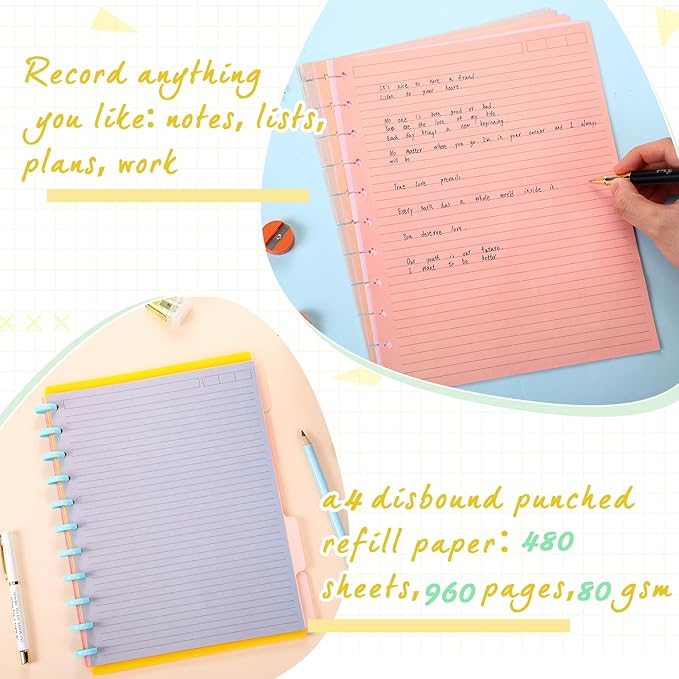 PerKoop 12 Pack 480 Sheets Colored Discbound Refill Paper 8.5 x 11 Inch College Ruled 11 Disc Letter Size Lined Paper Multicolored Refill Notebooks Disc Paper for Refill Paper Journaling(Soft Color)