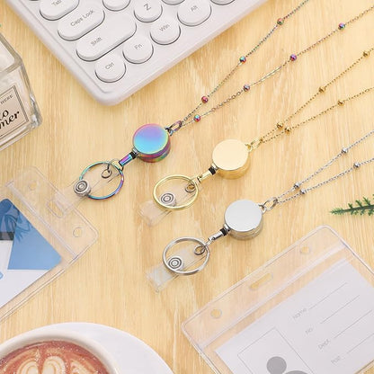 Lanyards for Id Badges 3 Pack Badge Lanyard with 6 Pcs Id Badge Holder Retractable Stainless Steel Teacher Lanyards Cruise Ship Lanyards for Girl Women (Gold, Silver, Bright Blue)