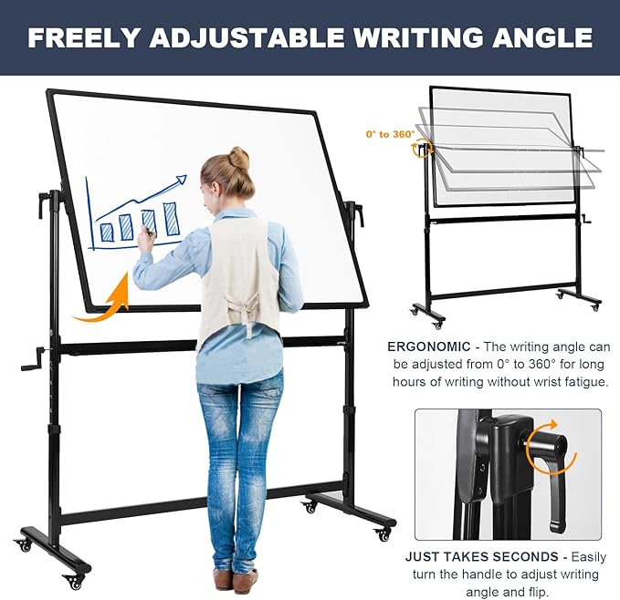 TANKEE Mobile White Board 48 X 36 Inches Height Adjustable Large Magnetic Whiteboard on Wheels, Double-Sided Rolling Dry Erase Board with Stand, Great for Office School Classroom Home