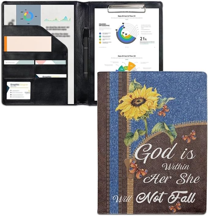 Sunflower Zipper Print Padfolio Clipboard Folio Folder Writing Notepad Pad Folder A4 PU Leather Portfolio Organizer for Business Interview Resume Training