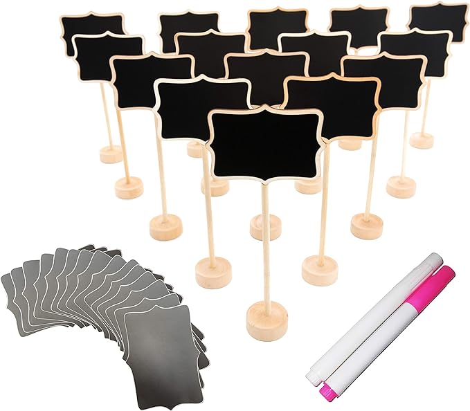 15 Pack Wood Mini Chalkboard Signs (Water-Based Chalk and Replacement Stickers Are Included) Small Rectangle Chalkboards Blackboard for Weddings, Message Board Signs and Special Event Decorations