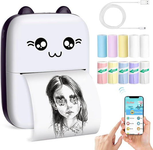 Mini Printer, Thermal Printer Sticker Maker with 10 Rolls Paper, Portable Pocket Printer for Notes, Journal, Fun, Work, Receipt Printer for Kids, Compatible with iOS&Android