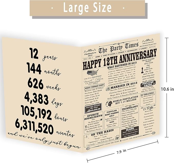 YiKaLus Vintage 12th Wedding Anniversary Card for Husband Wife, Sweet 12 Year Aday Gifts for Him Her,Sweet 12 Anniversary Decorations for Women Men