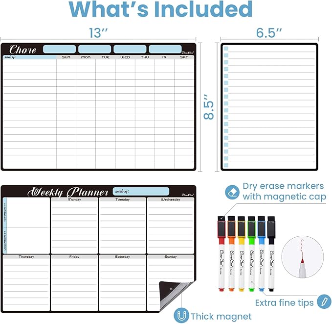 Magnetic Dry Erase Chore Chart and Weekly Calendar - 8.5"x13" Chore Board and Weekly Calendar for Fridge - 6.5"x8.5" List Board and 6 Extra Fine Point Markers Included - Shipped Flat