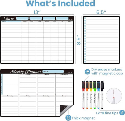 Magnetic Dry Erase Chore Chart and Weekly Calendar - 8.5"x13" Chore Board and Weekly Calendar for Fridge - 6.5"x8.5" List Board and 6 Extra Fine Point Markers Included - Shipped Flat