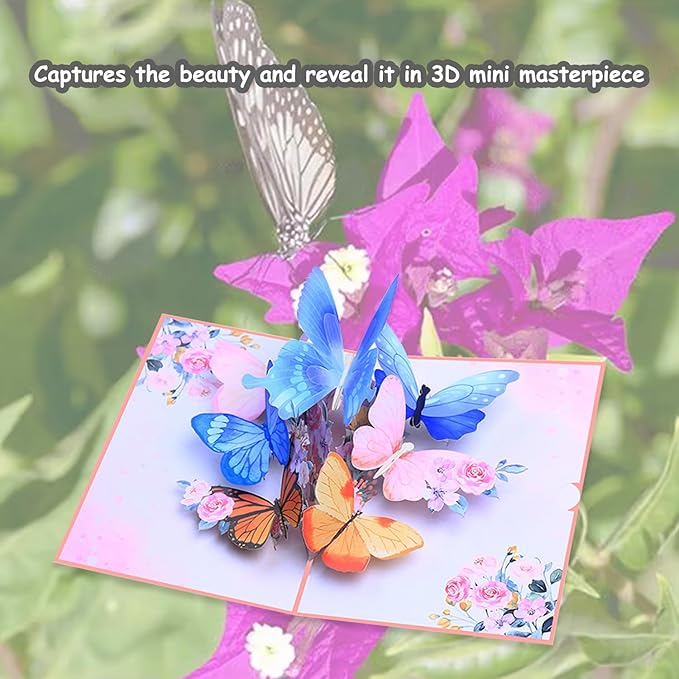 Pop Up Card, Butterfly and Flower 3D Greeting Card with Envelope for Any Occasion, Birthday, Mother's Day, Anniversary, Valentines Day, Handmade Gifts, Foldable Celebration Cards for Friends