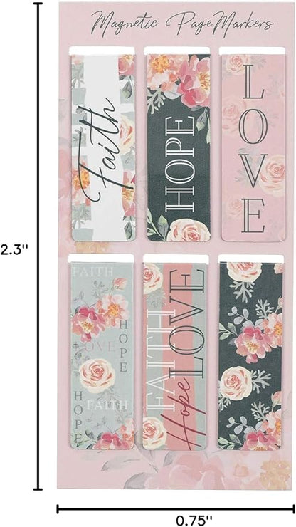 Christian Art Gifts Magnetic Scripture Bookmark Set for Men and Women: Faith, Hope, Love - 1 Corinthians 13:13 Inspirational Pink Rose Themed Magnetic Pagemarkers Set of 6 for Bibles, Size 2.3" x 0.8"