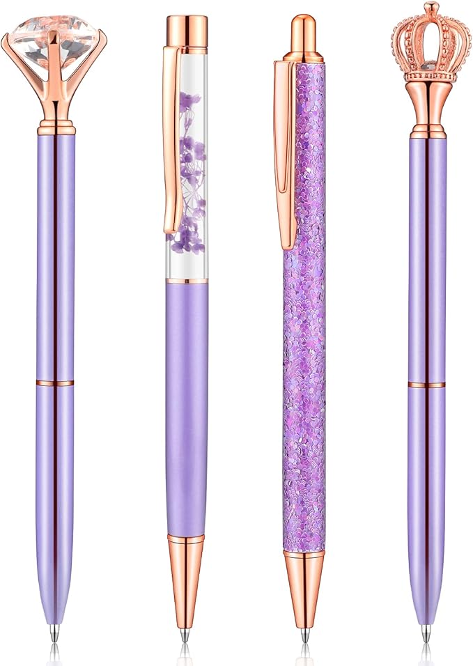 BESARME 4 Pcs Purple Pens Set, Mother's Day Gifts Purple Gifts for Women Girls Crystal Diamond Fancy Pens Christmas Gift for Women Black Ink Pretty Cute Pens for School Wedding Office Supplies