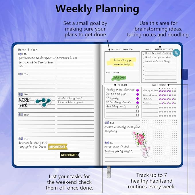 Leather Planner Monthly & Weekly 5.7"x8.5", Undated Productivity & Business Planner, Academic Planner to Boost Productivity, Undated School Planner Notebooks for Women Men with Note Pages