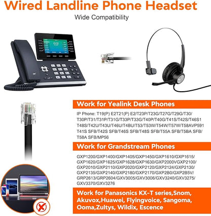 Office IP Phone Headset with Noise Canceling Mic, One Ear Wired Telephone Headset RJ9 for Snom Grandstream Yealink Landline Phones T19P T20P T21P T22P T26P T28P T23G T29G T32 T41S T42S T46S …